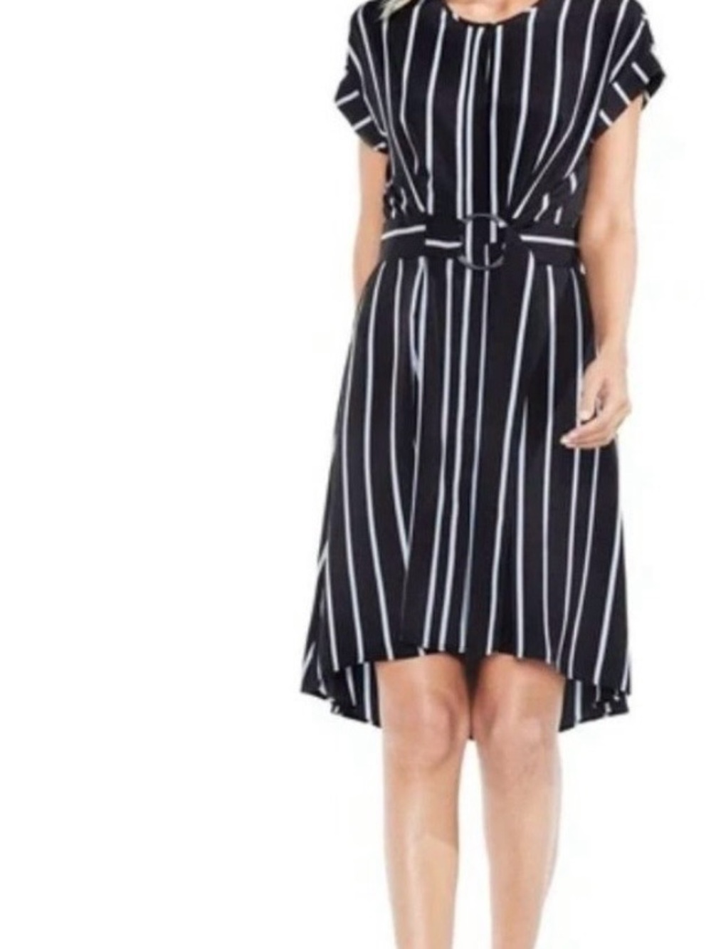 Vince Camuto Black & Blue & White Vertical Stripe Self- Belted Dress